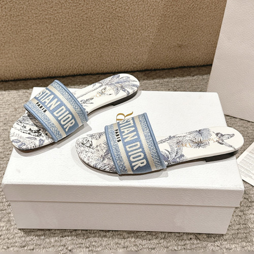 Dior Women Shoes DWAY HEELED SLIDE Embroidered Cotton Luxury Brand Womens Sandals Slippers with Original Box KCQ244ERC_S56B