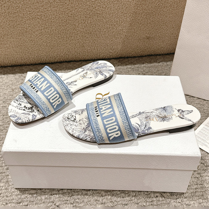Dior Women Shoes DWAY HEELED SLIDE Embroidered Cotton Luxury Brand Womens Sandals Slippers with Original Box KCQ244ERC_S56B