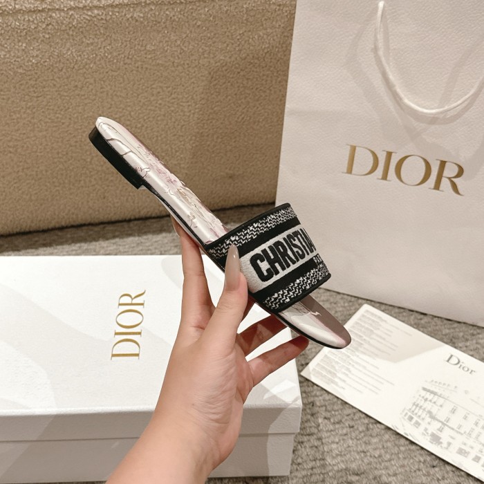 Dior Women Shoes DWAY HEELED SLIDE Embroidered Cotton Luxury Brand Womens Sandals Slippers with Original Box KCQ244ERC_S56B