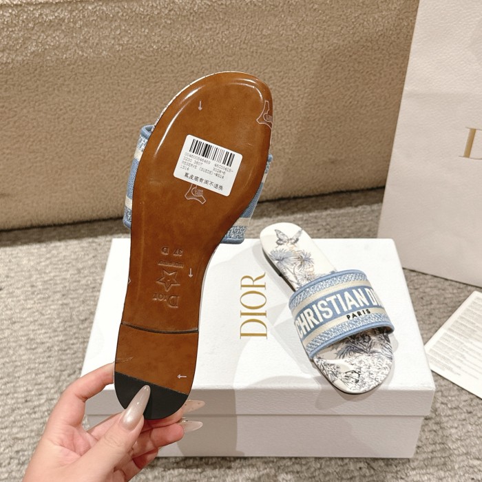 Dior Women Shoes DWAY HEELED SLIDE Embroidered Cotton Luxury Brand Womens Sandals Slippers with Original Box KCQ244ERC_S56B
