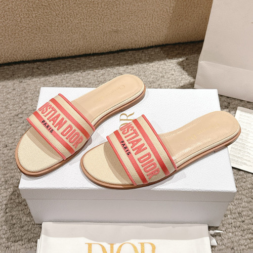 Dior Women Shoes DWAY HEELED SLIDE Embroidered Cotton Luxury Brand Womens Sandals Slippers with Original Box KCQ244ERC_S56B
