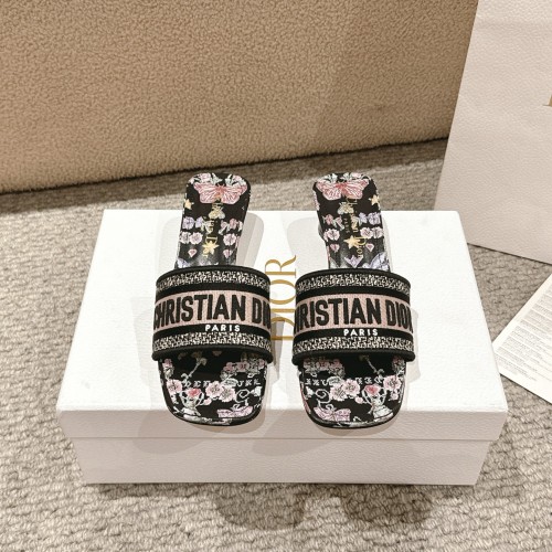 Dior Women Shoes Sandals Slippers 3.5cm Heel DWAY HEELED SLIDE Embroidered Cotton Luxury Brand Womens Sandals Slippers with Original Box KCQ244ERC_S56B whatsapp 【+1-3239614486】