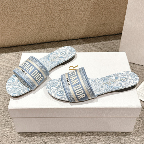 Dior Women Shoes DWAY HEELED SLIDE Embroidered Cotton Luxury Brand Womens Sandals Slippers with Original Box KCQ244ERC_S56B