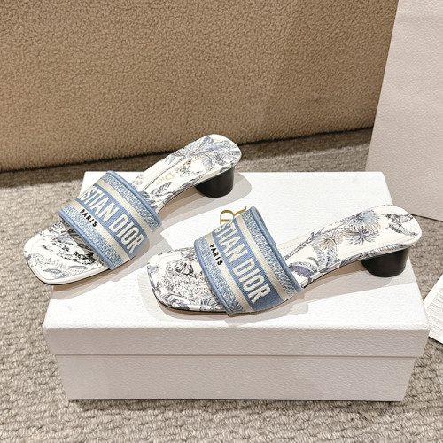 Dior Women Shoes Sandals Slippers 3.5cm Heel DWAY HEELED SLIDE Embroidered Cotton Luxury Brand Womens Sandals Slippers with Original Box KCQ244ERC_S56B whatsapp 【+1-3239614486】