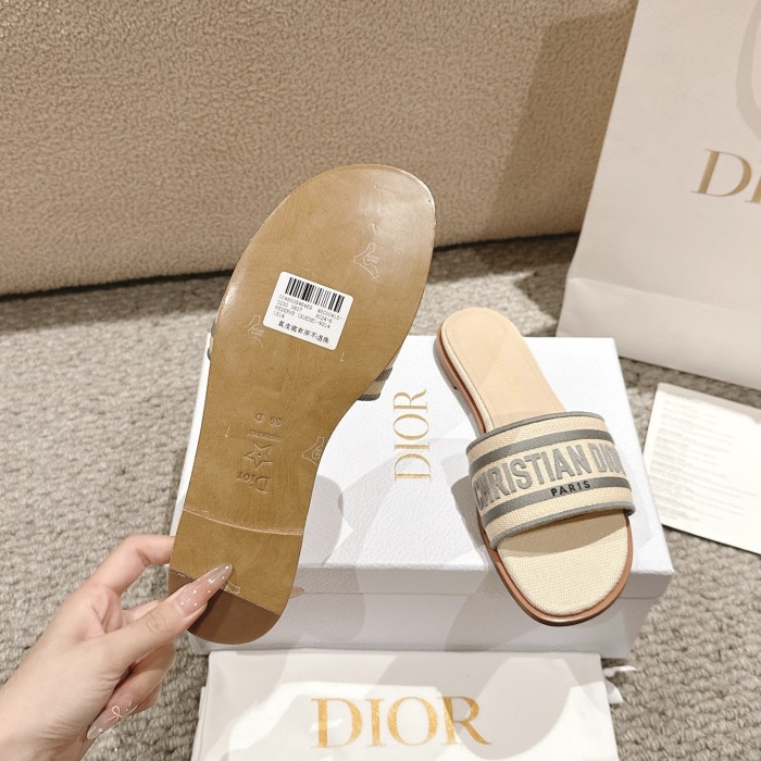 Dior Women Shoes DWAY HEELED SLIDE Embroidered Cotton Luxury Brand Womens Sandals Slippers with Original Box KCQ244ERC_S56B