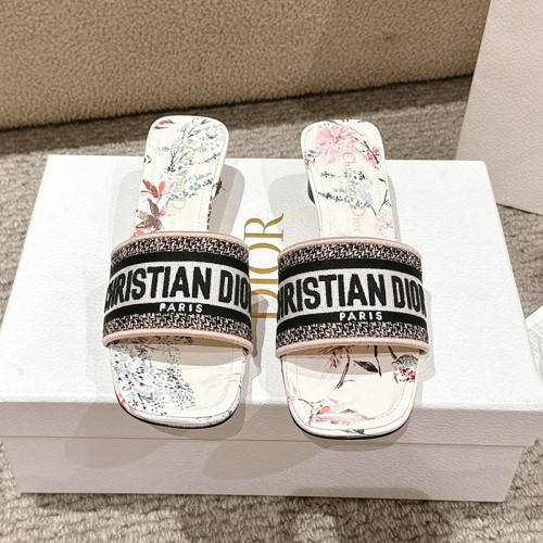 Dior Women Shoes Sandals Slippers 3.5cm Heel DWAY HEELED SLIDE Embroidered Cotton Luxury Brand Womens Sandals Slippers with Original Box KCQ244ERC_S56B whatsapp 【+1-3239614486】