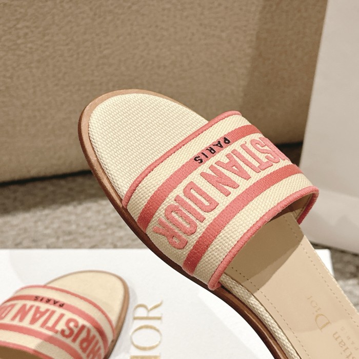 Dior Women Shoes DWAY HEELED SLIDE Embroidered Cotton Luxury Brand Womens Sandals Slippers with Original Box KCQ244ERC_S56B