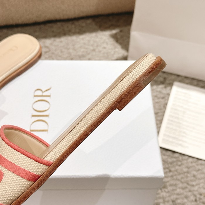 Dior Women Shoes DWAY HEELED SLIDE Embroidered Cotton Luxury Brand Womens Sandals Slippers with Original Box KCQ244ERC_S56B