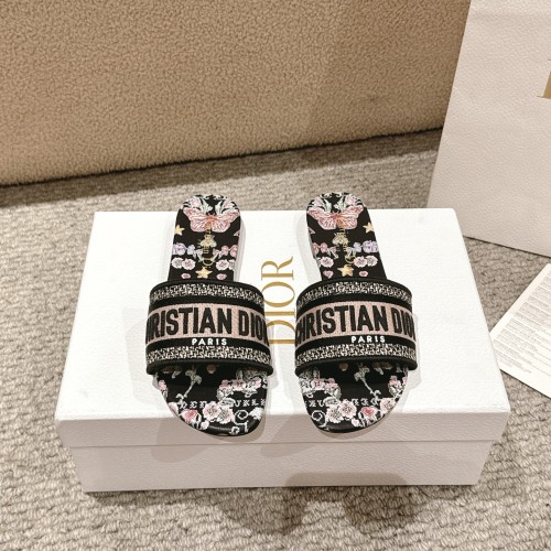 Dior Women Shoes DWAY HEELED SLIDE Embroidered Cotton Luxury Brand Womens Sandals Slippers with Original Box KCQ244ERC_S56B