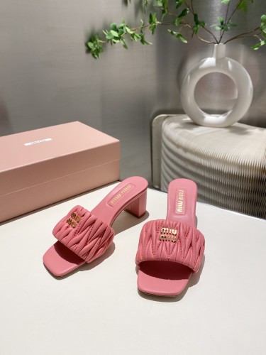 MiuMiu Womens Shoes Slippers Slides Summer Design with 5cm Heel Luxury Brand Genuine Leather Shoes with Original Box Whatsapp 【+1-3239614486】
