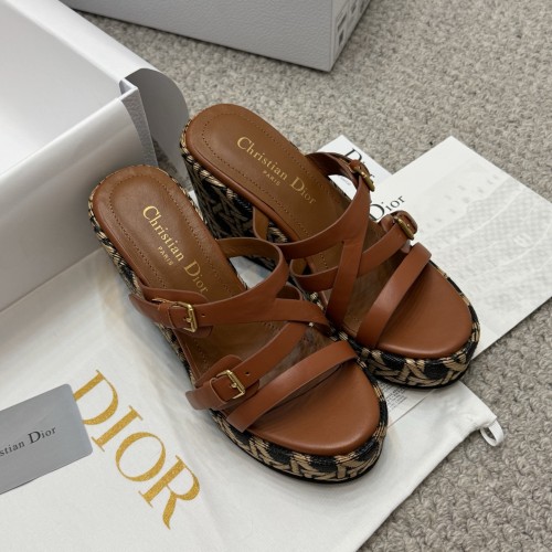 Dior Womens Shoes Slippers Sandals Luxury Brand Dior D-Club wedge sandal in camel calfskin 9cm Heel KCO346CFY_S48M_T375 with Original Box whatsapp 【+1-3239614486】