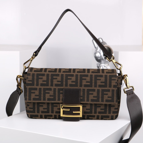 Fendi Womens Bag Shoulder Bags Luxury Brand Baguette Tobacco brown FF jacquard fabric bag with Original Box Whatsapp 【+1-3239614486】
