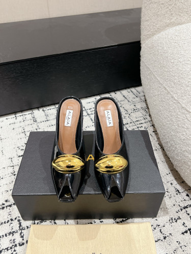 Alaia Women Fashion Shoes Sandals Luxury Brand metallic detail mules 10cm Heel with Original Box Whatsapp【+1-3239614486】