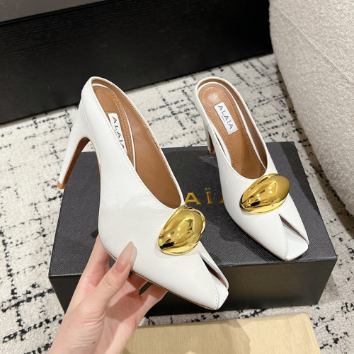 Alaia Women Fashion Shoes Sandals Luxury Brand metallic detail mules 10cm Heel with Original Box Whatsapp【+1-3239614486】