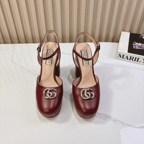 Gucci Womens Shoes Pumps Heels 11cm and 3cm Platform Luxury Brand Gucci Leather Double G Crystal Platform Block Heel Ankle Strap Sandals with Original Box whatsapp【+1-3239614486】