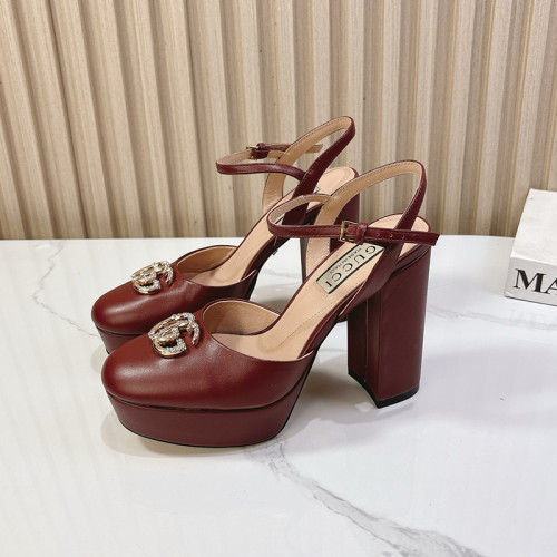 Gucci Womens Shoes Pumps Heels 11cm and 3cm Platform Luxury Brand Gucci Leather Double G Crystal Platform Block Heel Ankle Strap Sandals with Original Box whatsapp【+1-3239614486】