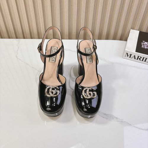 Gucci Womens Shoes Pumps Heels 11cm and 3cm Platform Luxury Brand Gucci Leather Double G Crystal Platform Block Heel Ankle Strap Sandals with Original Box whatsapp【+1-3239614486】