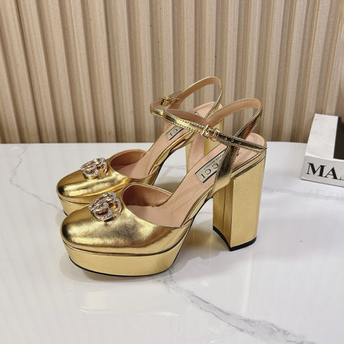 Gucci Womens Shoes Pumps Heels 11cm and 3cm Platform Luxury Brand Gucci Leather Double G Crystal Platform Block Heel Ankle Strap Sandals with Original Box whatsapp【+1-3239614486】