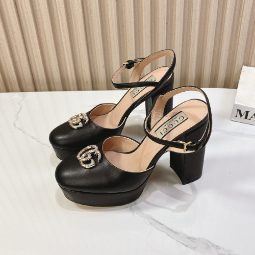 Gucci Womens Shoes Pumps Heels 11cm and 3cm Platform Luxury Brand Gucci Leather Double G Crystal Platform Block Heel Ankle Strap Sandals with Original Box whatsapp【+1-3239614486】