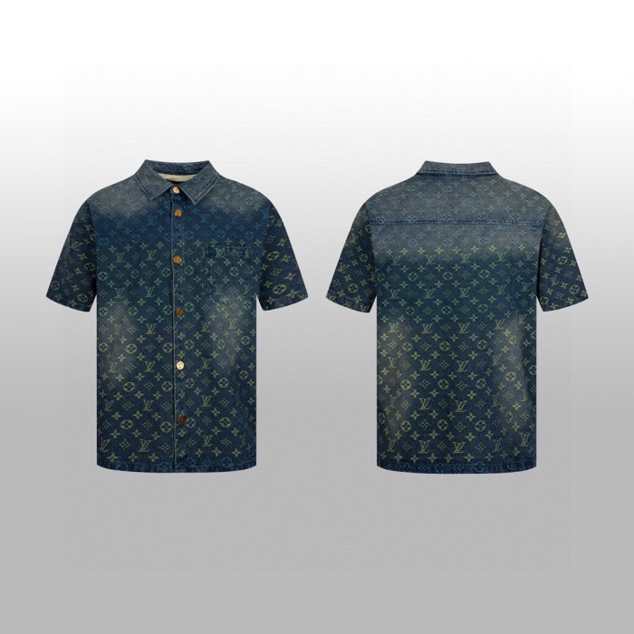 Louis Vuitton Women Mens Denim Shirts Luxury Brand Mens Monogram Denim Short-Sleeved Shirt Top Quality Whatsapp 【+1-3239614486】