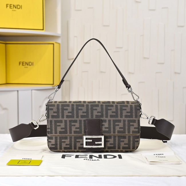 Fendi Womens Bag Shoulder Bags Luxury Brand Baguette Tobacco brown FF jacquard fabric bag with Original Box Whatsapp 【+1-3239614486】