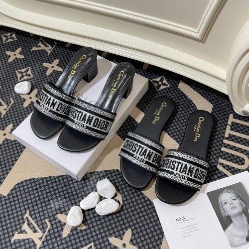 Dior Women Shoes DWAY HEELED SLIDE Embroidered Cotton Luxury Brand Womens Sandals Slippers with Original Box KCQ244ERC_S56B whatsapp [+1-3239614486]
