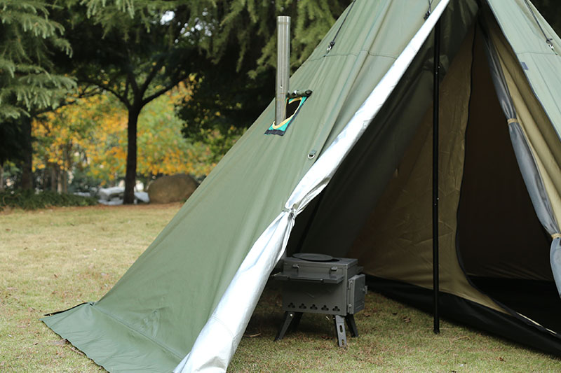 camping hot tent with a wood stove