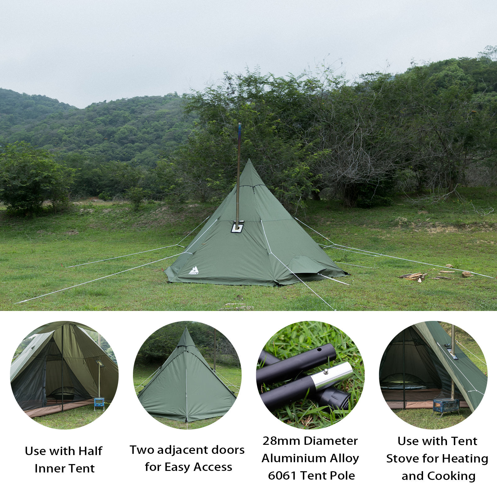 Double Door Teepee Tent Lightweight Camping  Inner Mesh 2-4 Person Tipi 4-Season 