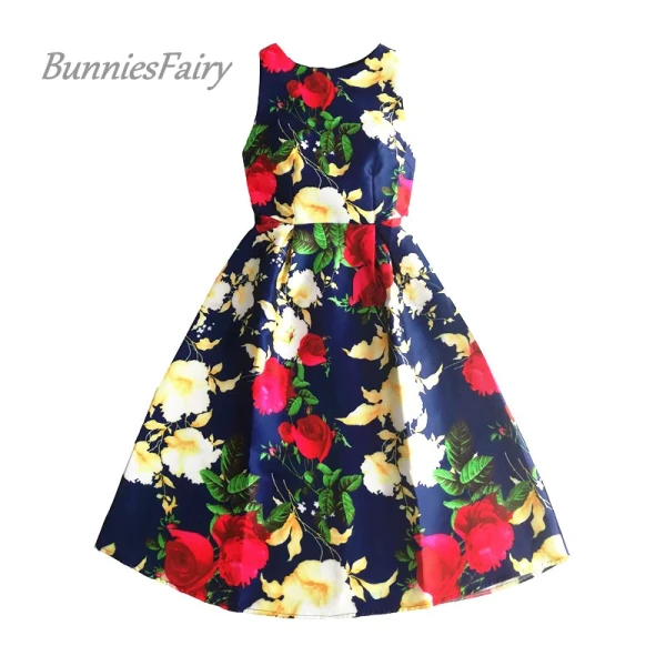 BunniesFairy Original Design 2021 Summer New Vintage Floral Print High Waist Midi Dresses Retro Robe Rockabilly Feminino Vestido
