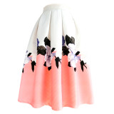 2022 Spring Summer Korean Vintage Elegant Fashion Women Retro Flower Floral Print High Waisted Midi Pleated Skirt Black Orange