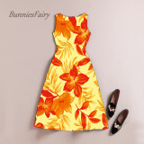 BunniesFairy Celebrity-inspired Women Elegant Vintage Retro Flower Floral Print Vest Dresses Sleeveless O-Neck Vestido De Fiesta