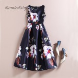 BunniesFairy Celebrity-inspired Women Elegant Vintage Retro Flower Floral Print Vest Dresses Sleeveless O-Neck Vestido De Fiesta
