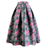 2022 Spring Summer Korean Vintage Elegant Fashion Women Retro Flower Floral Print High Waisted Midi Pleated Skirt Black Orange