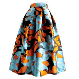 2022 Spring Summer Korean Vintage Elegant Fashion Women Retro Flower Floral Print High Waisted Midi Pleated Skirt Black Orange