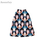 BunniesFairy 2022 Spring New Women Black and White Horizontal Block Stripe Geometric Print Pleated Midi Skirt for Office Work
