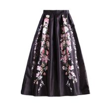 BunniesFairy Autumn Brand Design 100cm Long Vintage Retro Flower Floral Print Black Maxi Skirt for Winter Flared Saias