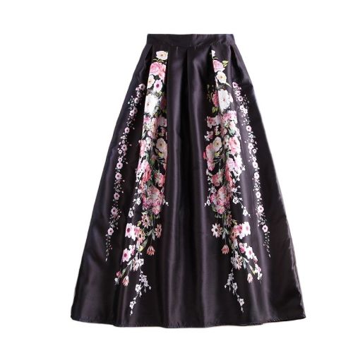 BunniesFairy Autumn Brand Design 100cm Long Vintage Retro Flower Floral Print Black Maxi Skirt for Winter Flared Saias