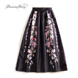 BunniesFairy Autumn Brand Design 100cm Long Vintage Retro Flower Floral Print Black Maxi Skirt for Winter Flared Saias