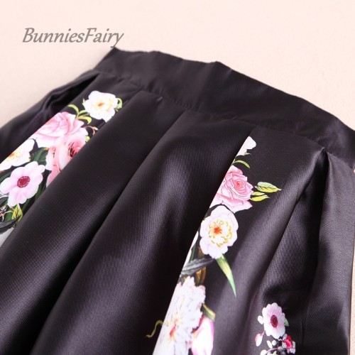 BunniesFairy Autumn Brand Design 100cm Long Vintage Retro Flower Floral Print Black Maxi Skirt for Winter Flared Saias
