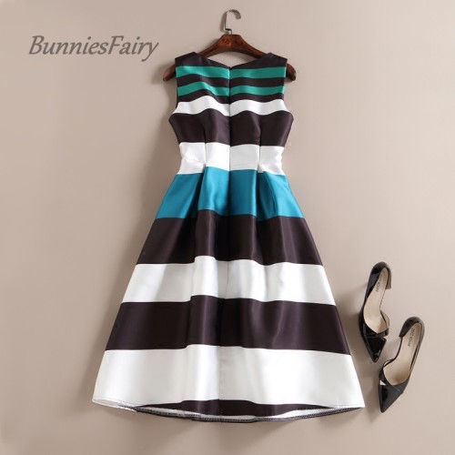 BunniesFairy 2022 Summer New Audrey Hepburn 50s Vintage Stripe Geometric Floral Print Robe Retro Swing Rockabilly Dress Vestido