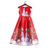 2022 Spring Snowman Cartoon Print High Waist Red Women Christmas Dress Festival Clothing Party New Year Eve Vestido de Fiesta