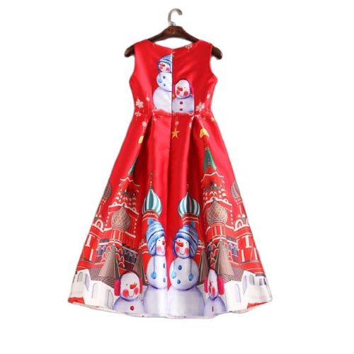 2022 Spring Snowman Cartoon Print High Waist Red Women Christmas Dress Festival Clothing Party New Year Eve Vestido de Fiesta