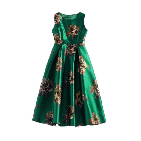 BunniesFairy 2022 Summer Vintage Rose Retro Flower Floral Print Green Vest Dresses Sleeveless Wedding Black Print Swing Dress