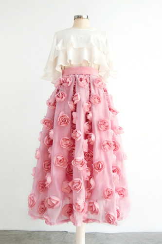 2024 Trend Za Korean Fashion Fairy Elegant Girl Women Luxury High Waist Floral Pleated Midi Fluffy Pink Tulle Feathered Skirt