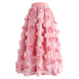 2024 Trend Za Korean Fashion Fairy Elegant Girl Women Luxury High Waist Floral Pleated Midi Fluffy Pink Tulle Feathered Skirt