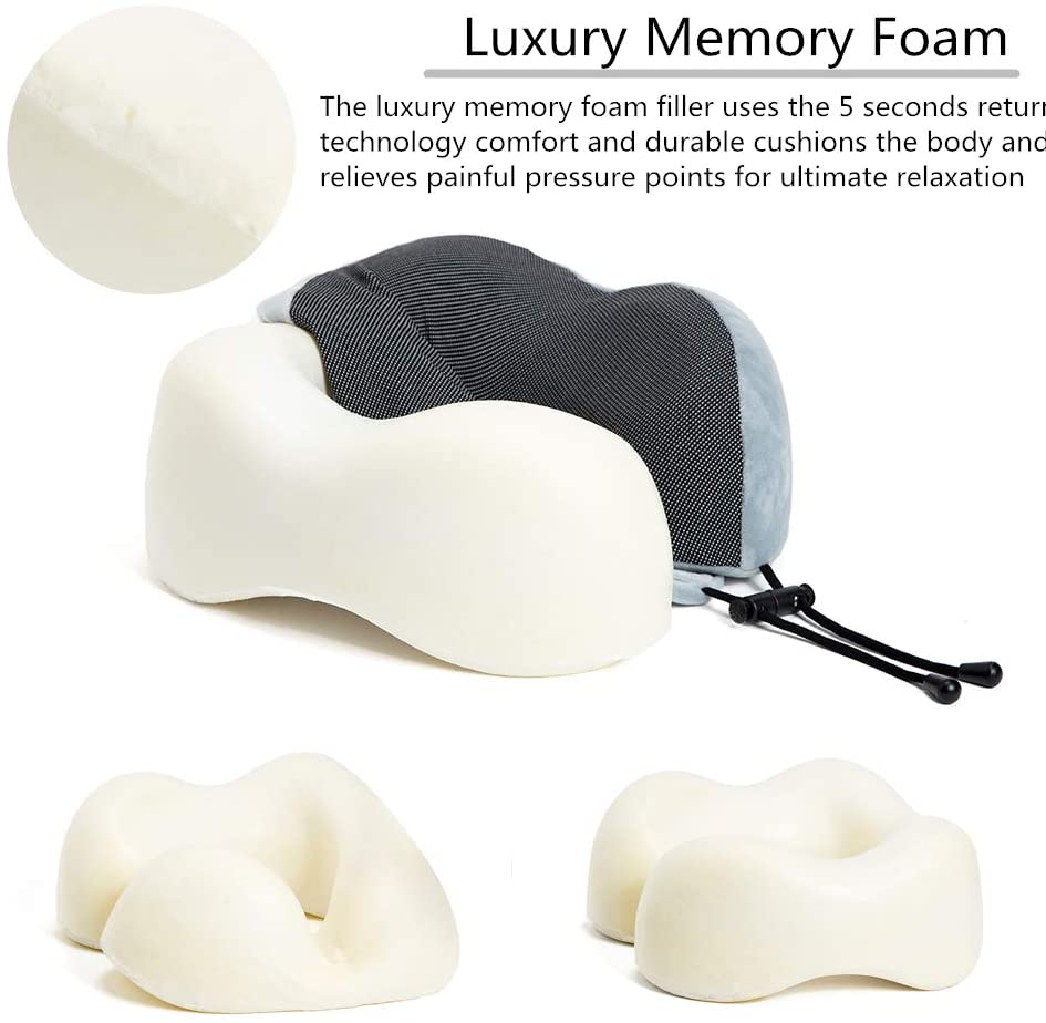 Memory Foam Neck Pillow for Airplane Bus Car Train Traveling Napping with Soft Washable Cover Storage Bag Extended Length for Neck Head Supporting PaiTree Travel Pillow Eye Mask Black Earplugs