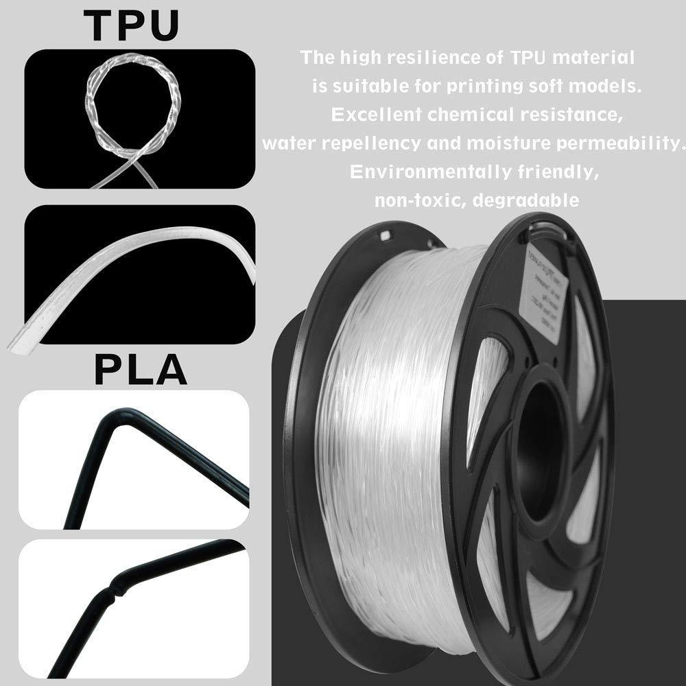 Flexible TPU 3D Printers Filament, 1.75mm,Color is Clear, Accuracy +/- 0.05 mm, Net Weight 1KG(2.2LB),Transparent TPU