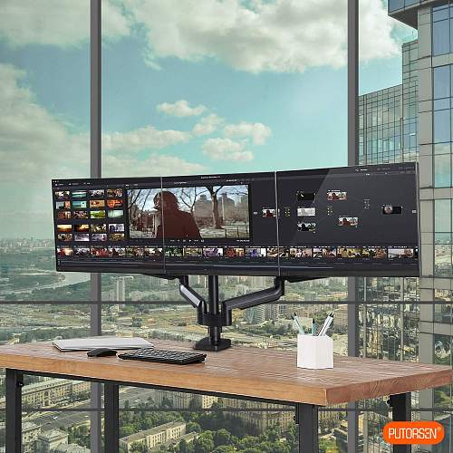 127 99 Eu Exclusive Putorsen Aluminium Triple Monitor Mount For 17 27 Screens Gas Powered Three Arm Desk Mount Bracket With Clamp 90 Tilt 360 Rotation 90 Swivel Arms