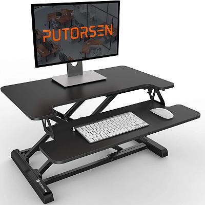 Ergonomic Sit Stand Dual Monitor and Laptop Riser Tabletop Workstation with Cable Hole Black PUTORSEN 32 inch Stand Up Desk Standing Desk Converter with Height Adjustable 