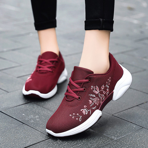 Embroidery Lace Up Front Knit Running Shoes
